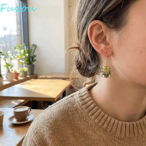 Bông tai bọ cánh cứng cổ điển FUJIZOU, Bông tai động vật côn trùng màu bạc màu xanh lá cây, Thời trang cổ điển hợp thời trang hình tròn Bông tai lá chim đám cưới