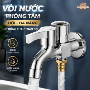 Vòi Nước Nhà Tắm 2 Đầu Ra Đồng Thau Nguyên Khối Ren Chuẩn Chống Rò Chịu Áp Dùng Máy Giặt