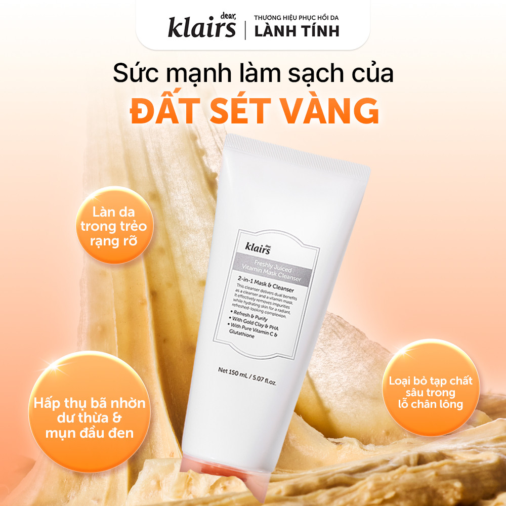Sữa rửa mặt Dear, Klairs Freshly Juiced Vitamin Mask Cleanser hỗ trợ làm sáng da 150ml [FS]