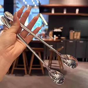 Ziyulinyuk Thép Không Gỉ Thìa Tròn Lưới Đỏ Vàng Bữa Tối Tay Cầm Dài Khuấy Thìa Tráng Miệng Cho Phụ Kiện Nhà Bếp Tiện Ích VN