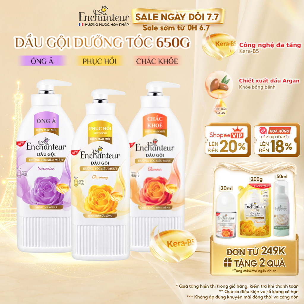 Dầu Gội Enchanteur 650g Thơm Hương Nước Hoa với Keratin,Dầu Hạnh Nhân, B5 x2 Phục Hồi Hư Tổn và Óng Ả,Không gàu bết ngứa