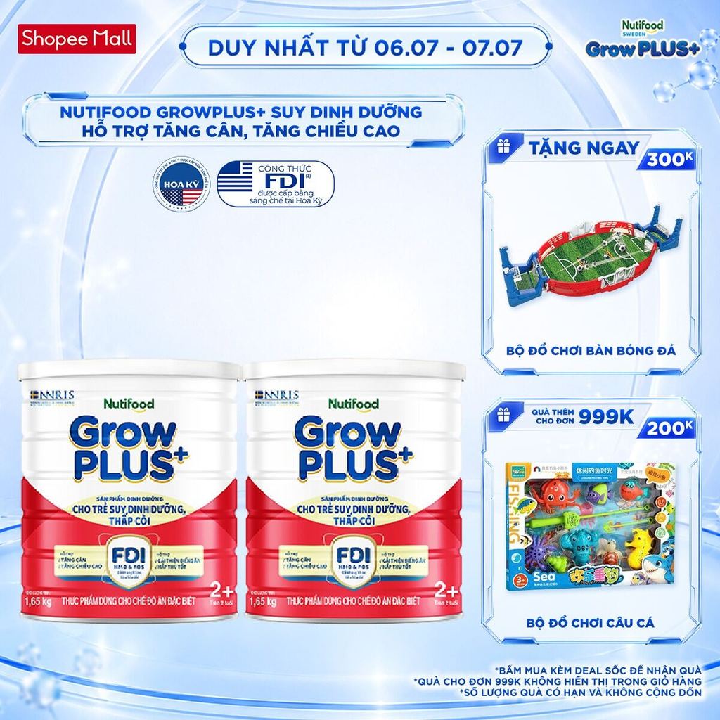 Combo 2 Sữa bột Nutifood GrowPLUS+ Suy Dinh Dưỡng (Đỏ) 2+ - Tăng Cân, Tăng Chiều Cao (2 Lon 1,65 Kg)
