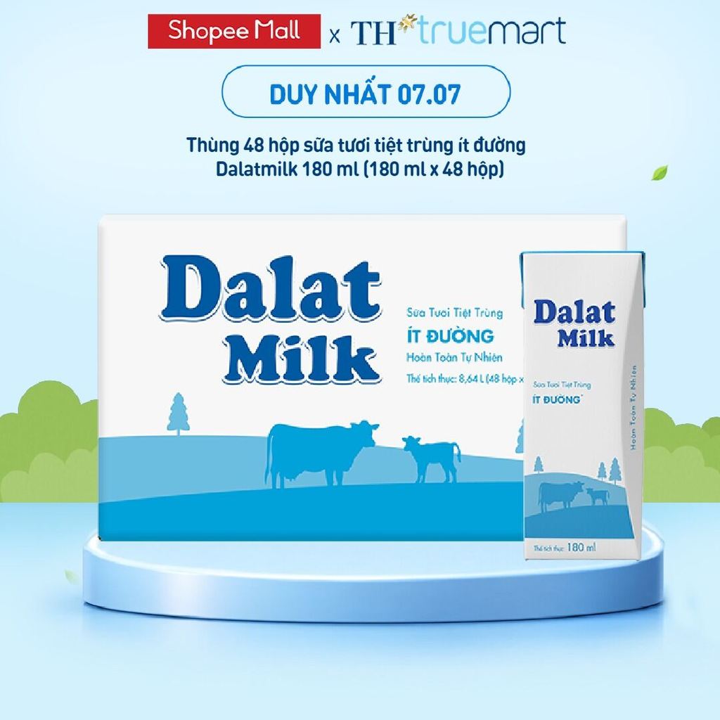 [LIVE STREAM] Thùng 48 hộp sữa tươi tiệt trùng Dalatmilk ít đường 180 ml (180 ml x 48)