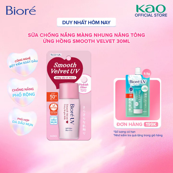 Biore UV Smooth Velvet Sữa Chống Nắng Màng Nhung Mịn Lì - Nâng Tông Sáng Hồng SPF50+/PA++++ 30ml