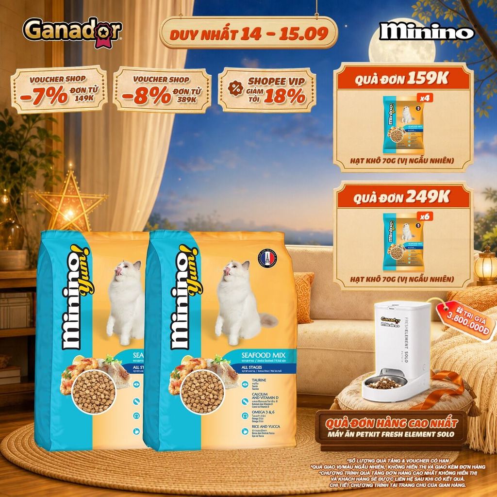 [CHỌN VỊ] Combo 2 x Thức ăn hạt cho mèo Minino Yum vị Hải sản/Cá hồi/Mực Túi 1.5kg