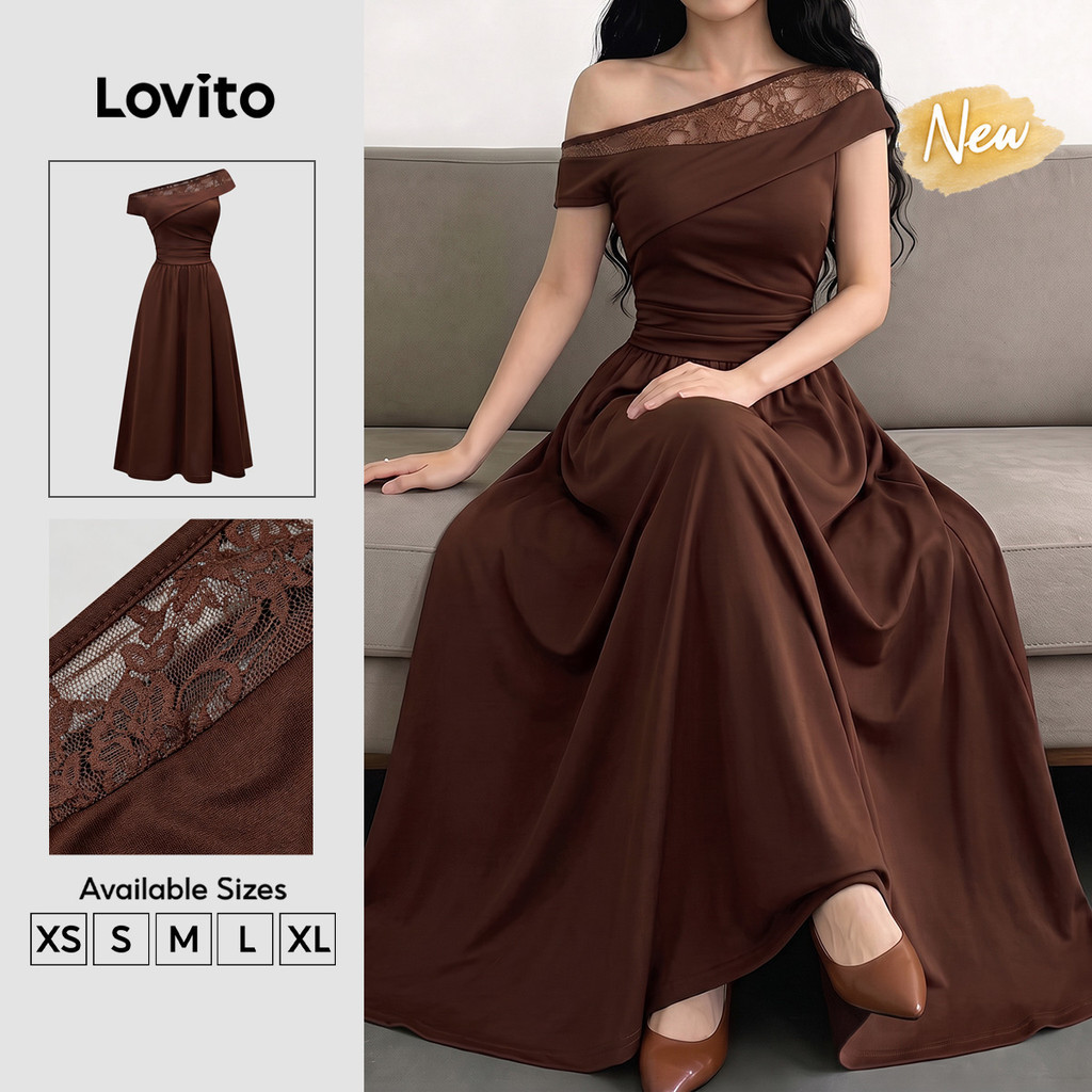 (New Arrival) Lovito Đầm nữ màu nâu xuân hè ren bất đối xứng may ghép vải DRK9P1D919