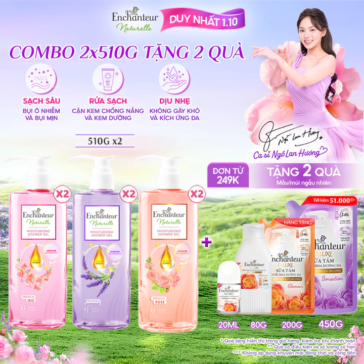 Combo 2 Sữa tắm dưỡng da thiên nhiên Pháp Enchanteur Naturelle hương hoa Lavender/Iris/Rose da thơm mịn sức sống 510g