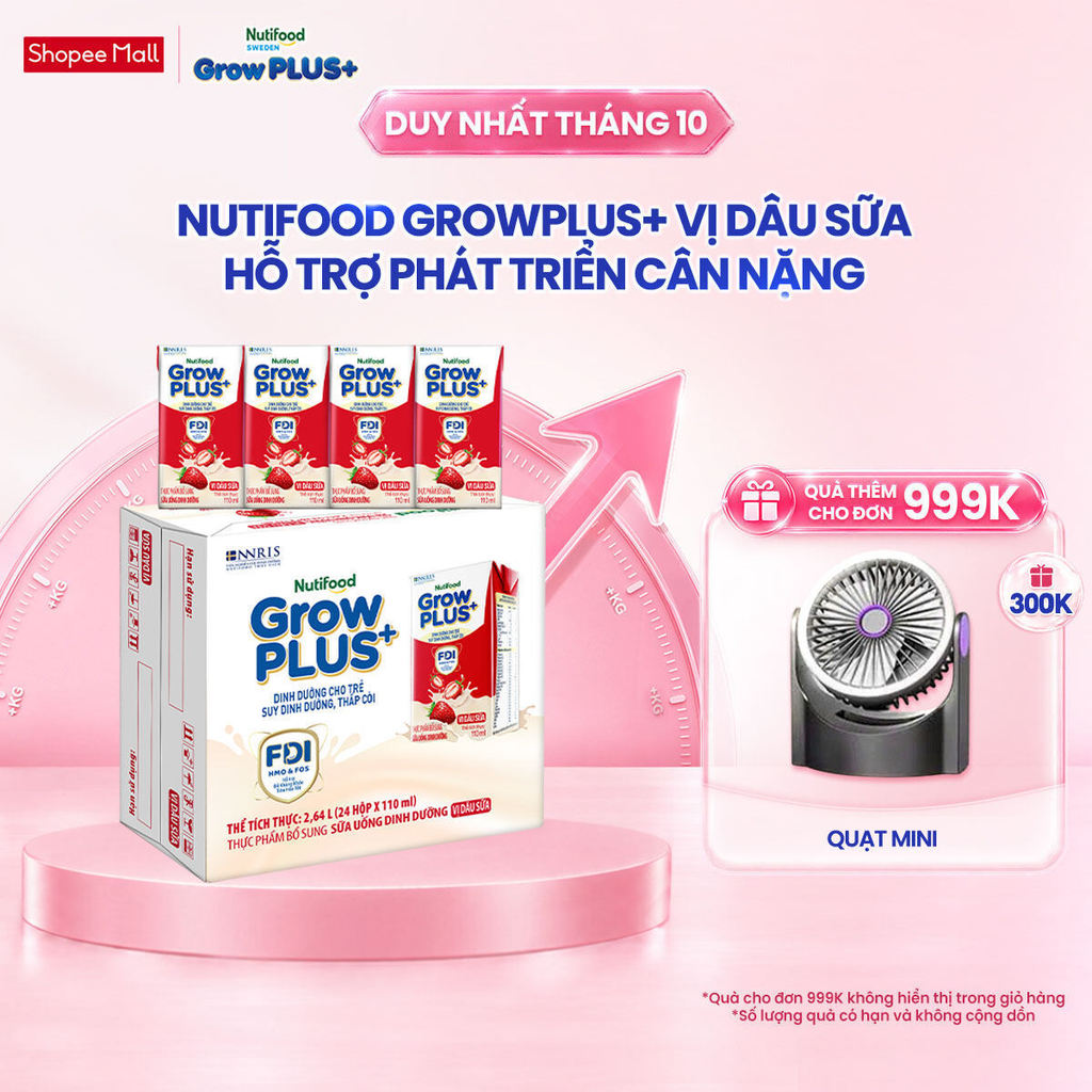 Thùng 24 hộp Sữa bột pha sẵn Nutifood GrowPLUS+ Vị Dâu hộp 110ml - Trên 1 tuổi (24 hộp x 110ml)