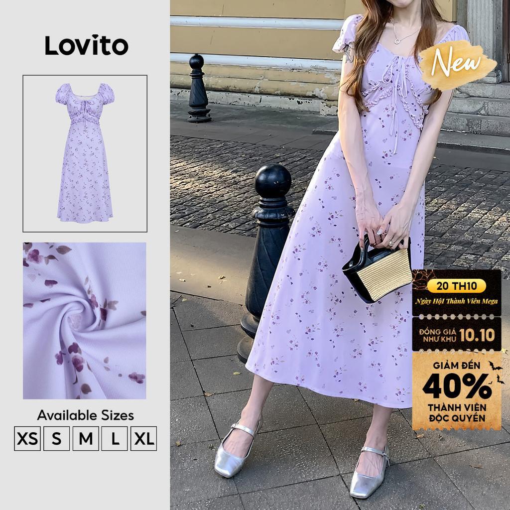 (New Arrival) Lovito Váy Dài Xòe Chữ a Mùa Xuân Hè Màu Tím Thiết Kế Dây Ruffle Hoa Nhí Casual Dành Cho Cuối Tuần Cho Nữ DRB206TD228