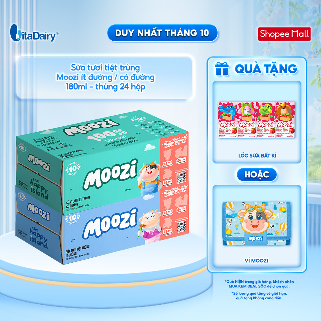 [THÙNG 24 HỘP] Sữa tươi tiệt trùng Moozi ít đường/có đường 180ml - Thơm ngon dễ uống, Bé thích mê