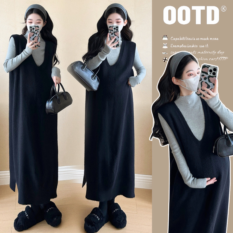 Bộ đồ bà bầu Áo len mùa thu đông Váy dệt kim dài đầu gối