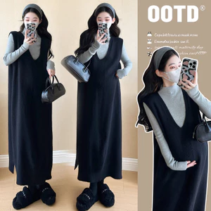 Bộ đồ bà bầu Áo len mùa thu đông Váy dệt kim dài đầu gối