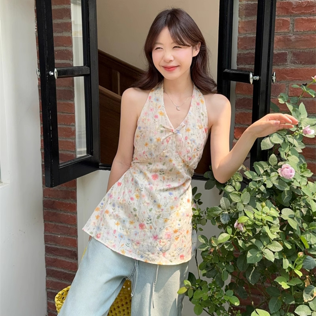 Áo Cổ Yếm Nữ BABEE Cổ V Cột Nơ Kiểu Họa Tiết Hoa Nhí Xinh Xắn Gợi Cảm Sang Trọng Quyến Rũ