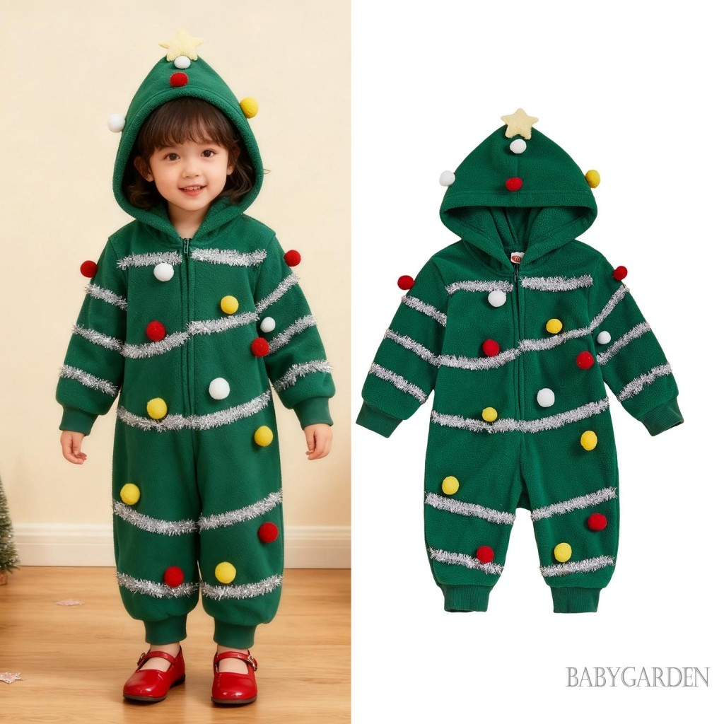 Quần áo liền thân hình cây thông Noel cho bé 0-5 tuổi, bóng lông màu sắc, tay dài, khóa kéo, có mũ, quần áo mùa đông thu dễ thương