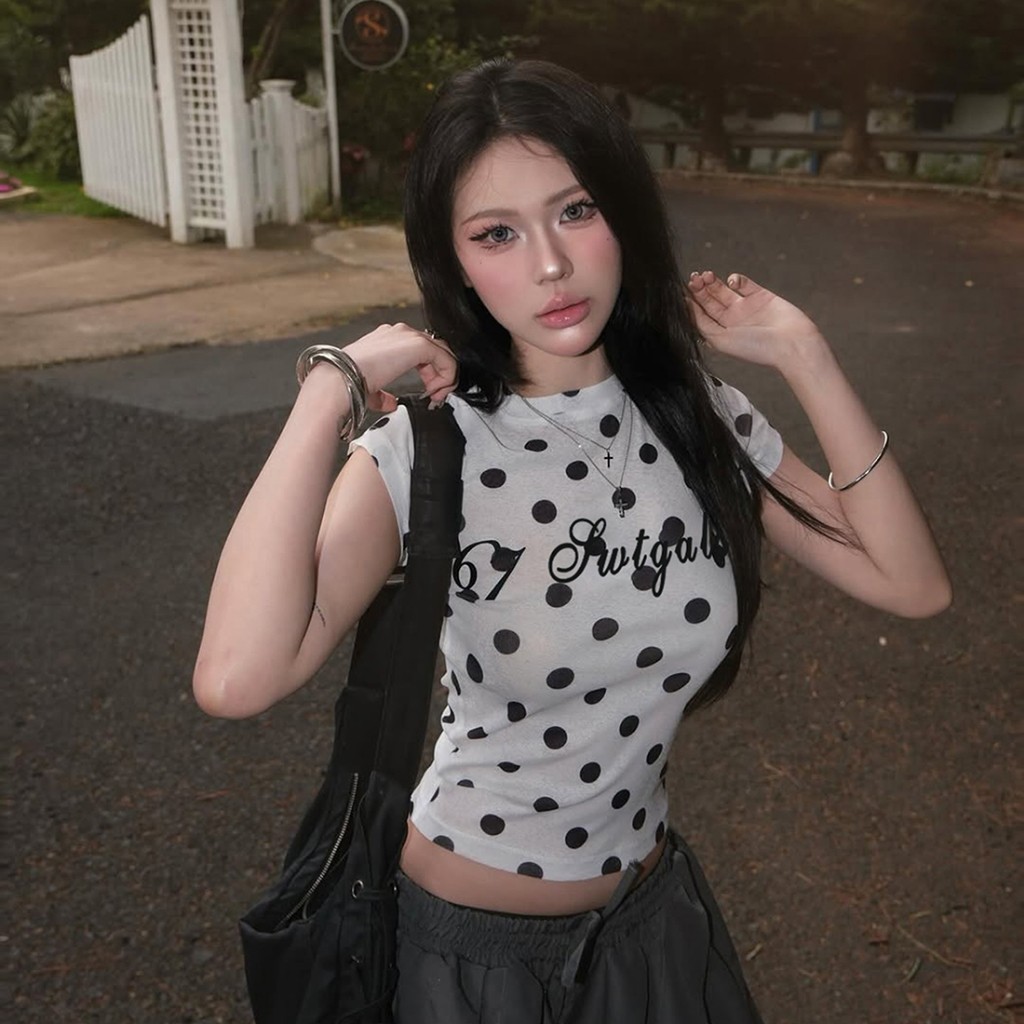 Cutenew Phong Cách Cay Màu Chặn Chữ In Chấm Bi Cổ Tròn Đa Năng Tay Ngắn Áo Giảm Béo Crop Top