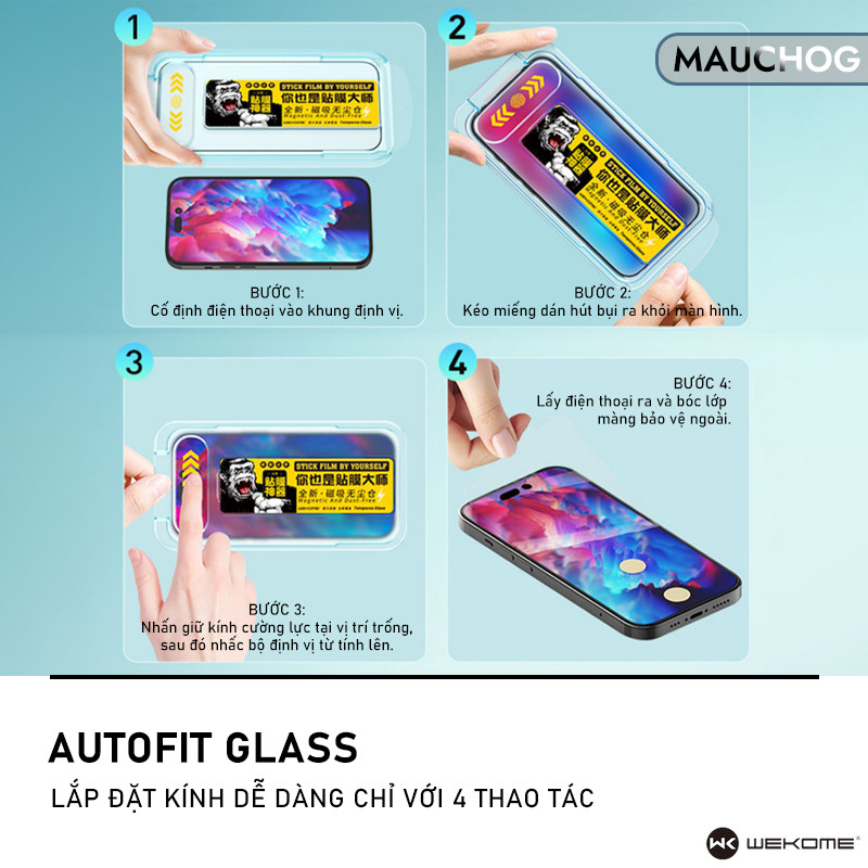 Kính Cường Lực Trong Suốt WK Có Khung Tự Dán Cho Điện Thoại iPhone 17 Pro Max 16 15 14 13 12