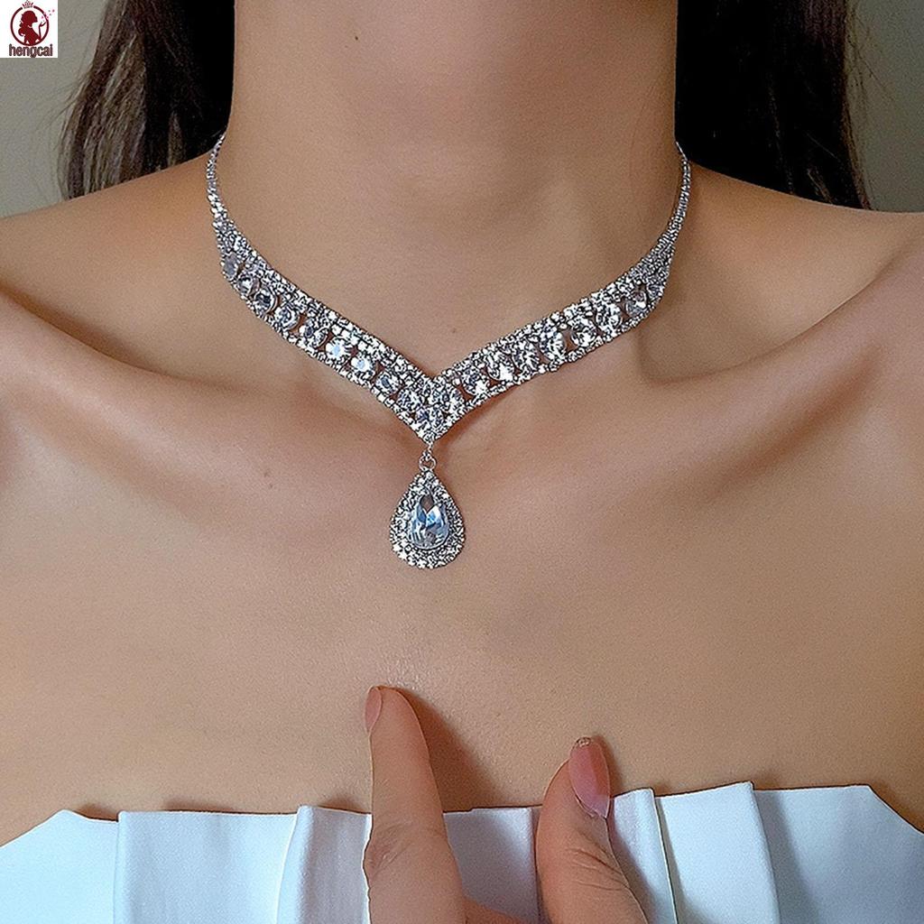 Trang sức cô dâu full kim cương giả, bộ dây chuyền và bông tai thiết kế tinh tế quyến rũ, phù hợp váy dạ hội và tiệc cưới