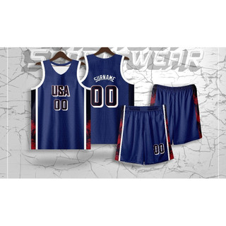 Bộ đồ bóng rổ màu xanh, bao gồm jersey và quầnshort với tên và số tùy chỉnh