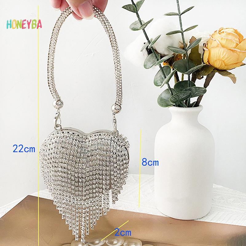< Honeyba > Sang Trọng Nhỏ Hình Trái Tim Kim Cương Giả Dạ Hội Ly Hợp Ví Nữ Túi Thời Trang Cho Nữ Dây Xích Túi Đeo Vai Dự Tiệc Quà Tặng