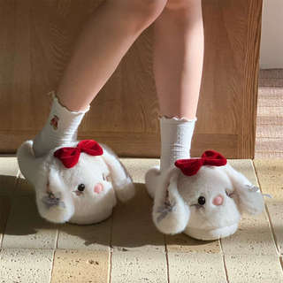 XIXITIAO Dép Cotton Nơ Thỏ Giữ Ấm Nữ Mùa Đông Nhà Đế Mềm Thoải Mái