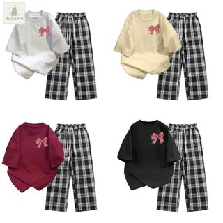 Tổng hợp các sét bộ quần caro đen+mix áo phông form rộng -hình NƠ  KẺ CARO ĐỎ-thubaquanao