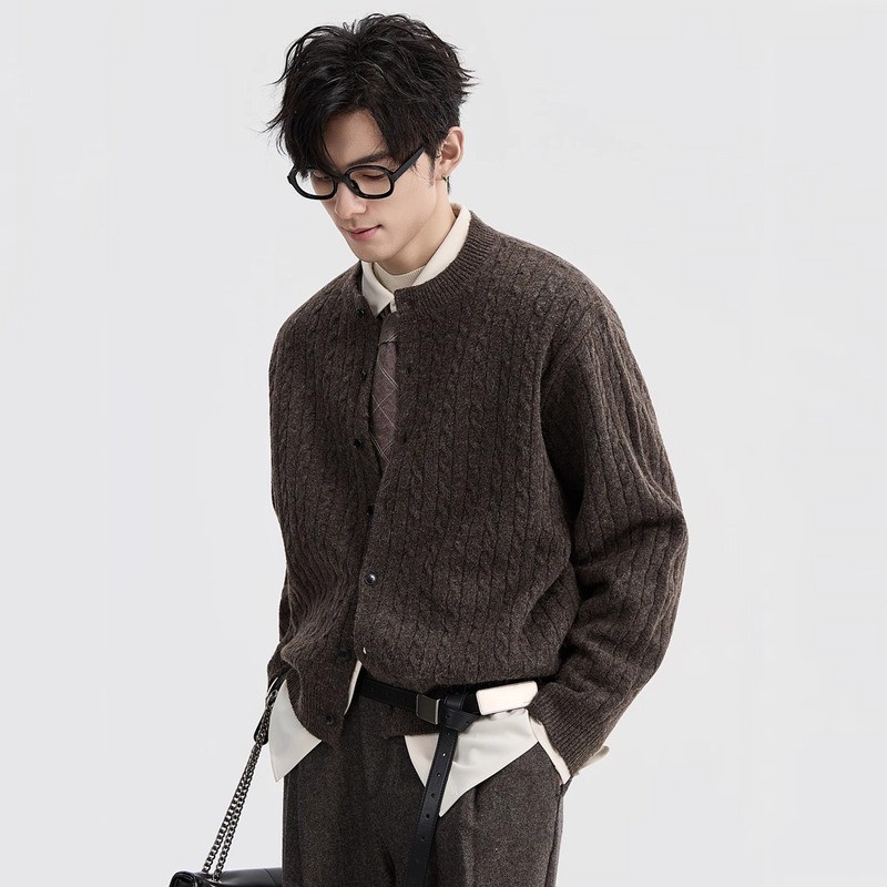Cardigan nam len pha trộn cáp đan, ấm áp thu đông
