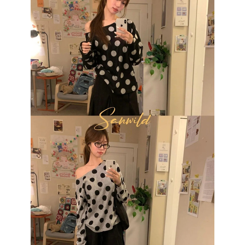Milyfashion Rời Kích Thước Lớn Thường Ngày Thu Đông Phong Cách Mới Top Nữ Phù Hợp Với Lười Chấm Bi In Hình Cổ Tròn Áo Chui Đầu Đeo Vai Dài Tay