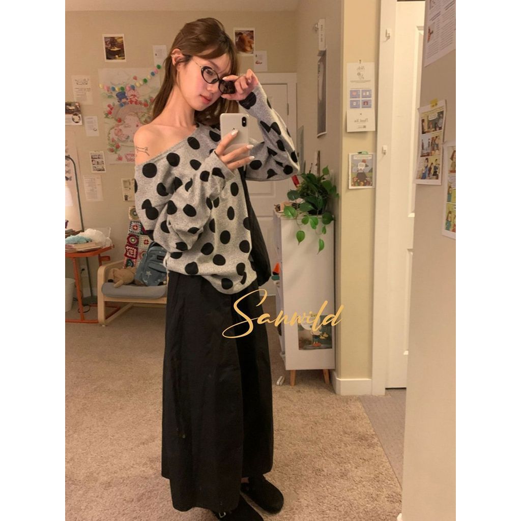 Milyfashion Rời Kích Thước Lớn Thường Ngày Thu Đông Phong Cách Mới Top Nữ Phù Hợp Với Lười Chấm Bi In Hình Cổ Tròn Áo Chui Đầu Đeo Vai Dài Tay