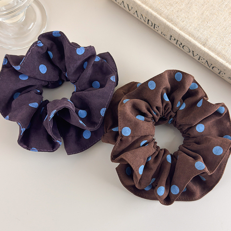 Khăn Scrunchy Tóc Chấm Bi Vuông Màu Xanh Cà Phê, Phong Cách Retro
