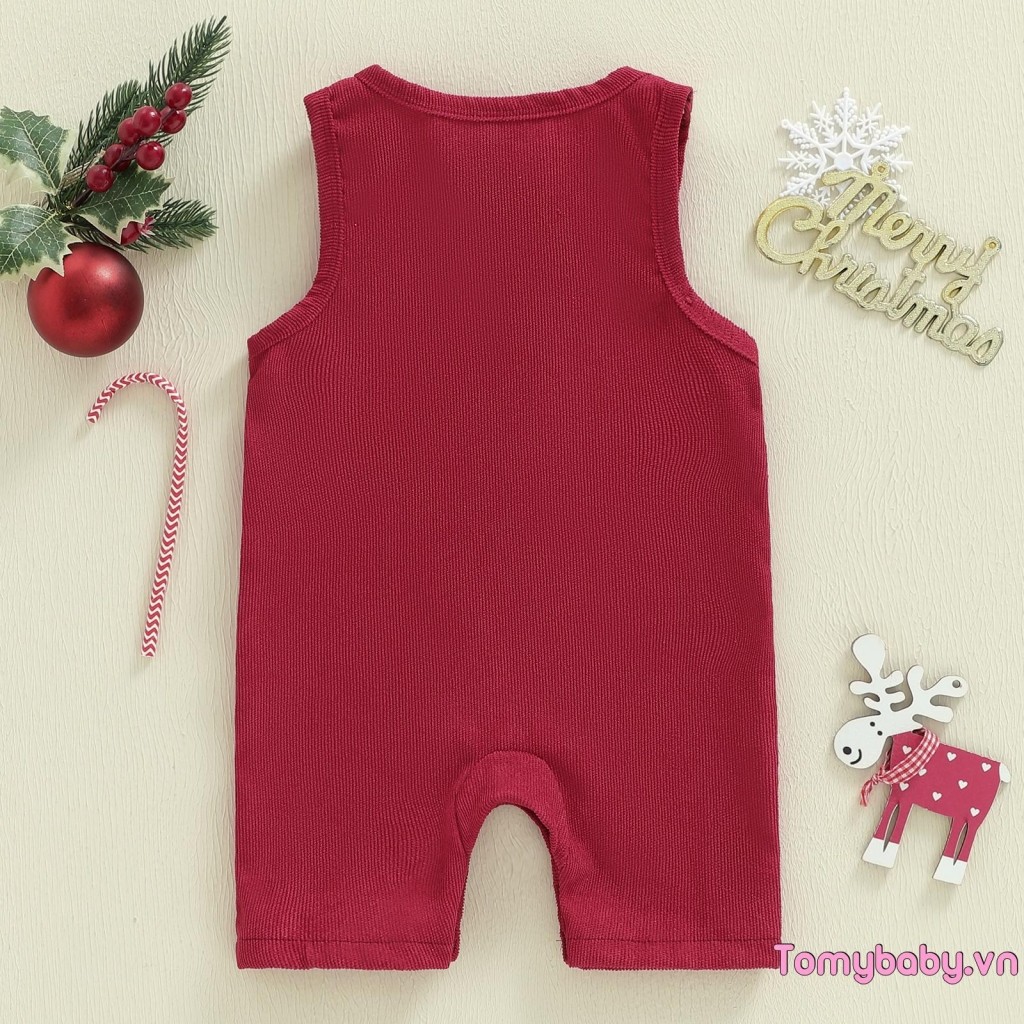 Bộ áo liền quần cổ tròn không tay thêu chữ ông già Noel cho bé trai bé gái