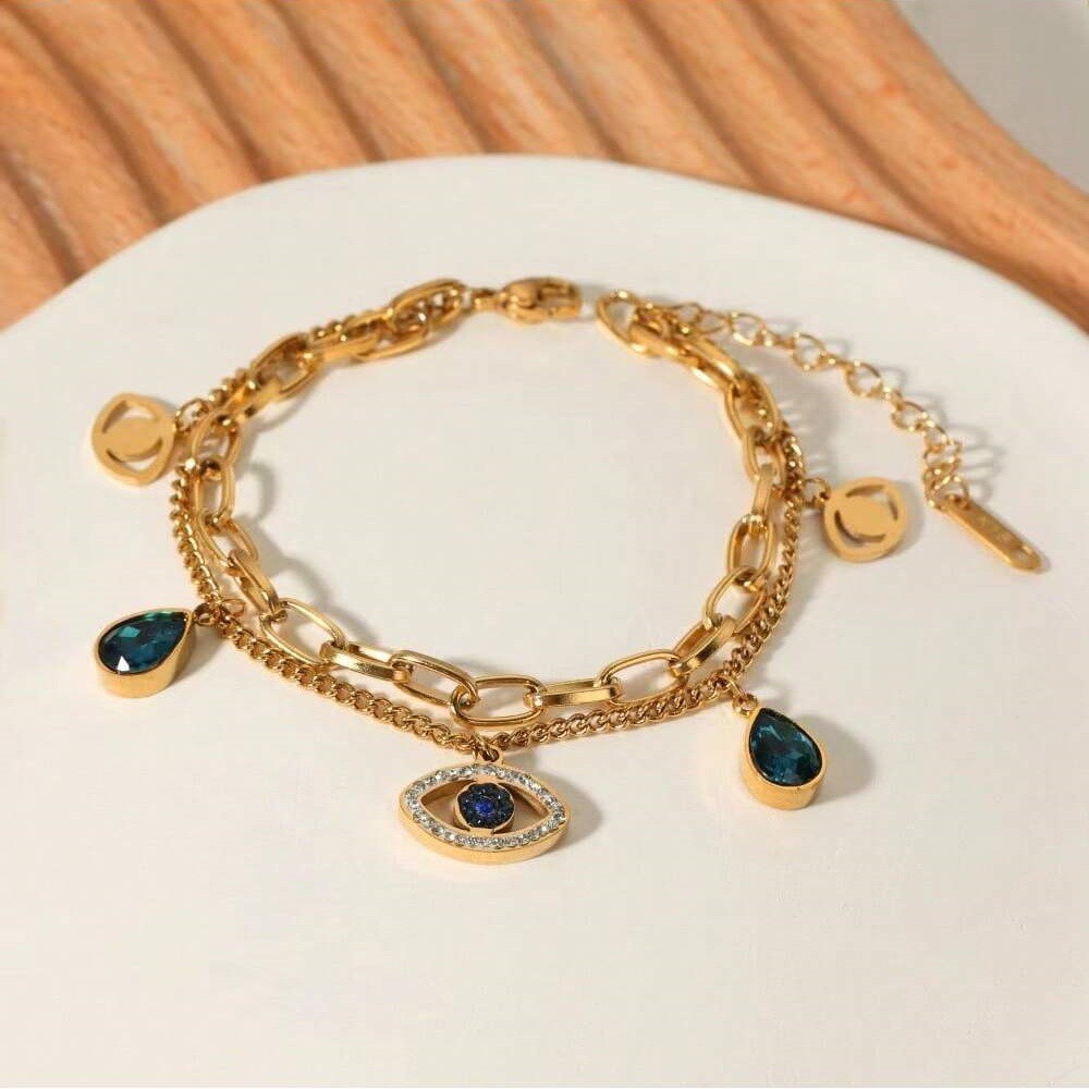 Vòng đeo tay mắt quỷ bằng thép titan mạ vàng 18K Nữ kim cương xanh phù hợp chống phai màu không gây dị ứng
