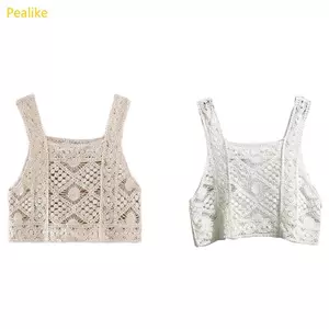 Pealike Nữ Vintage Móc Camisole Bohemian Rỗng Ra Hình Học Hoa Dệt Kim Áo Mỏng Không Tay Crop Đi Biển