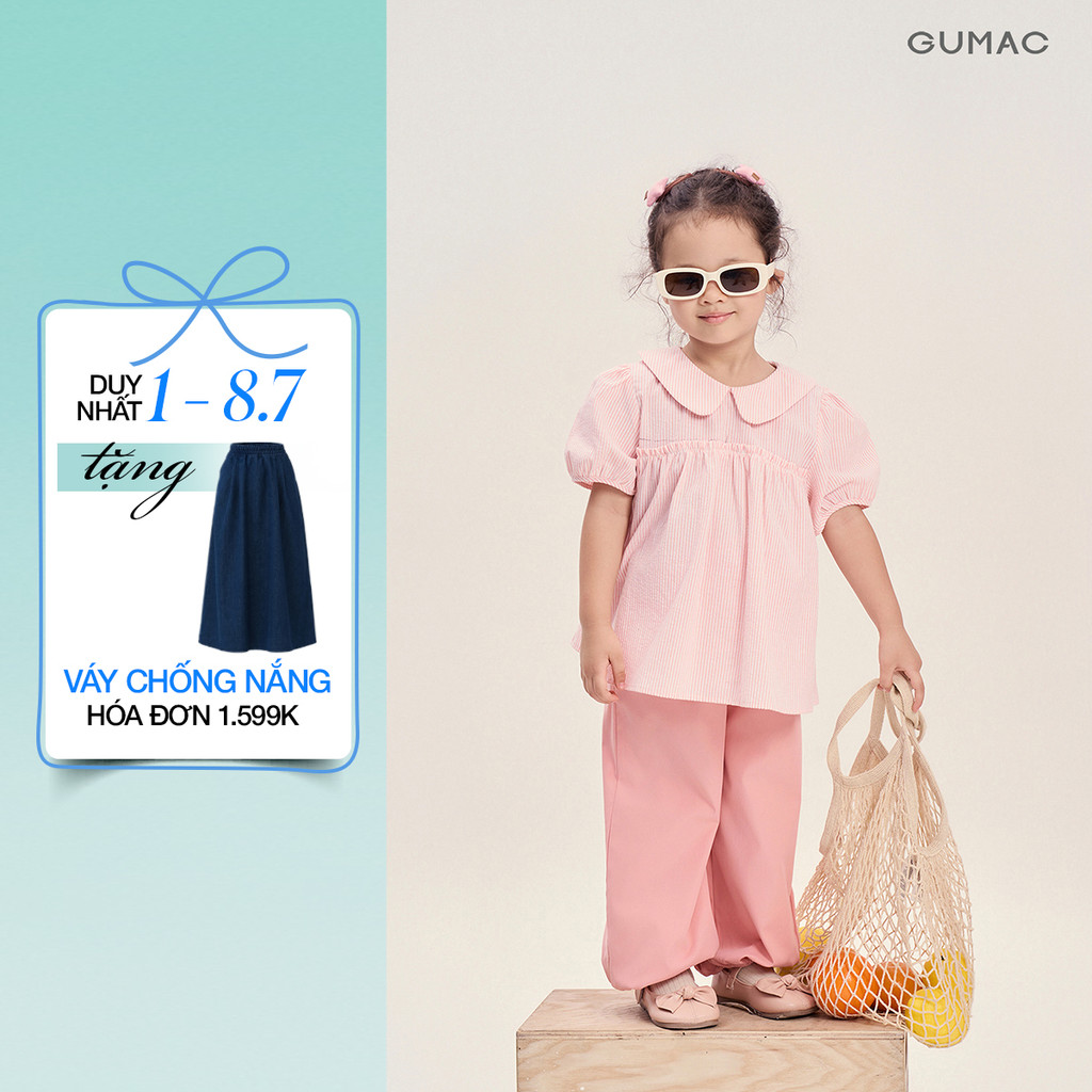 Áo Kiểu Bé Gái GUMAC Form Babydoll Cổ Lá Sen Tay Phồng Kate Sọc Tiểu Thư AKG04050