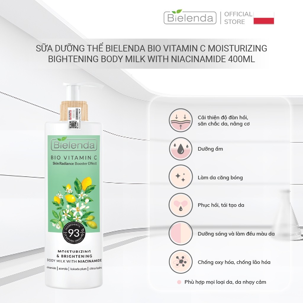 Sữa dưỡng thể trắng da Bielenda Bio Vitamin C NIACINAMIDE SPF30 bảo vệ da toàn diện 250ml/400ml