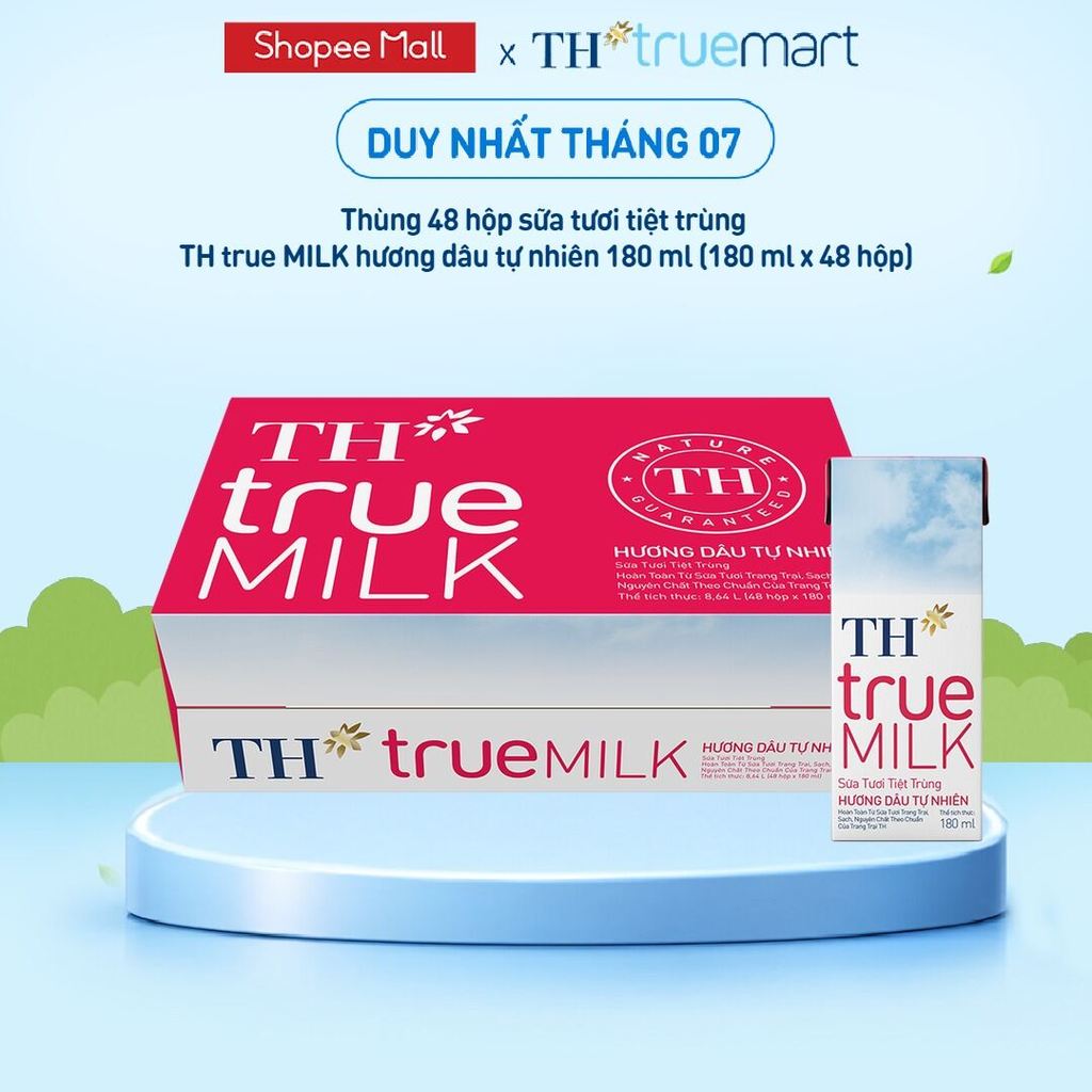 [LIVE STREAM] Thùng 48 hộp sữa tươi tiệt trùng TH true MILK hương dâu tự nhiên 180 ml (180 ml x 48)