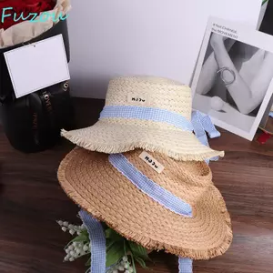 Mũ chống nắng dệt ống hút FUJIZOU, Mũ chống nắng mùa hè sọc buộc dây, Mũ leo núi rộng chữ di động Nơ Mũ chống nắng đi biển Mũ chống nắng chống nắng