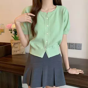 Áo thun Cardigan dệt kim cổ tròn cổ tròn kiểu Pháp mùa hè ngắn cao cấp đơn giản phù hợp với mọi trận đấu mỏng hơn trông ngắn hơn @ -