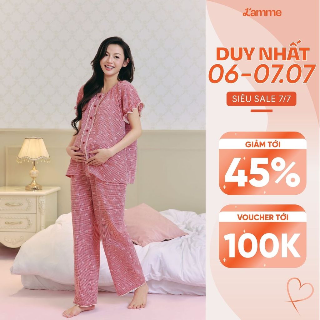 Bộ Mặc Nhà L'amme RIBBON Thô Đũi Caro In Nơ, Đồ Ngủ Nữ Mềm Mịn Thoáng Khí Thấm Hút Mồ Hôi - L'AMME
