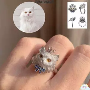 Vòng đầu mèo con BRBRAA, Chất liệu hợp kim Vòng động vật thiết kế miệng mở, Quà tặng nhẫn mèo con phóng đại có chải mờ dễ thương