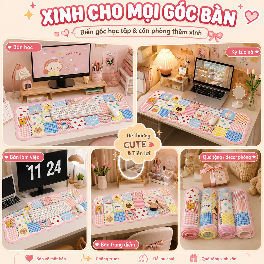 thảm trải bàn làm việc chống nước miếng lót chuột cỡ lớn dễ thương da litchi cao cấp 1.3mm chống ồn ký túc xá học sinh decor