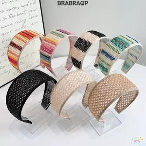 Băng đô dệt rơm BRABRAA, Băng đô dệt mây màu be Bohemian, Phụ kiện tóc bện màu rộng vành