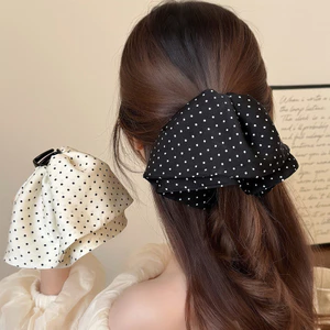 Váy Tinh Tế Đen Trắng Chấm Bi Đuôi Ngựa Kẹp Tóc Pháp Cao Cấp Nhãn Vàng Satin Lấy Kẹp Lưng Đầu Cá Mập D2FH
