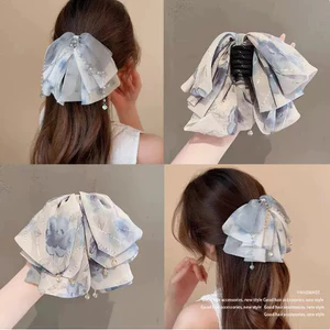 Pháp Hoa Hồng In Nơ Streamer Tóc Nữ Phong Cách Mới Đuôi Ngựa Kẹp Đầu Sau Thời Trang Cá Mập Kẹp A1PJ