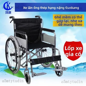 Xe lăn Xe lăn khung thép dày dặn, xe lăn nhẹ có thể gấp gọn, xe lăn có ghế ngồi mềm mại dành cho người già, khung hợp ki