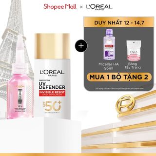 Bộ Dưỡng chất làm sạch Exfoliant Peel 25ml & Sữa chống nắng phổ rộng UV Defender Invisible Resist L'Oréal Paris 50ml