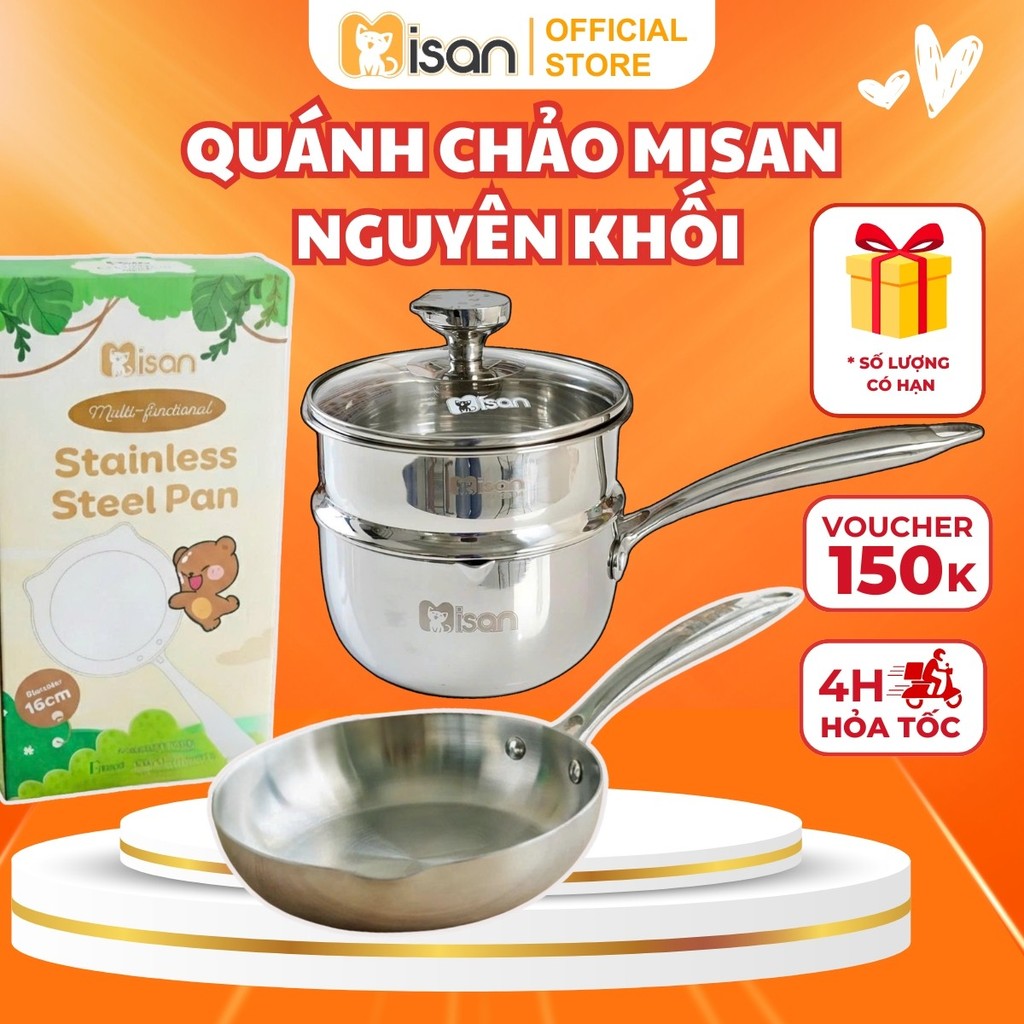 Quánh inox 304 nấu cháo ăn dặm cho bé MISAN đa năng dùng mọi loại bếp, nồi nấu bột cháo cho bé an toàn