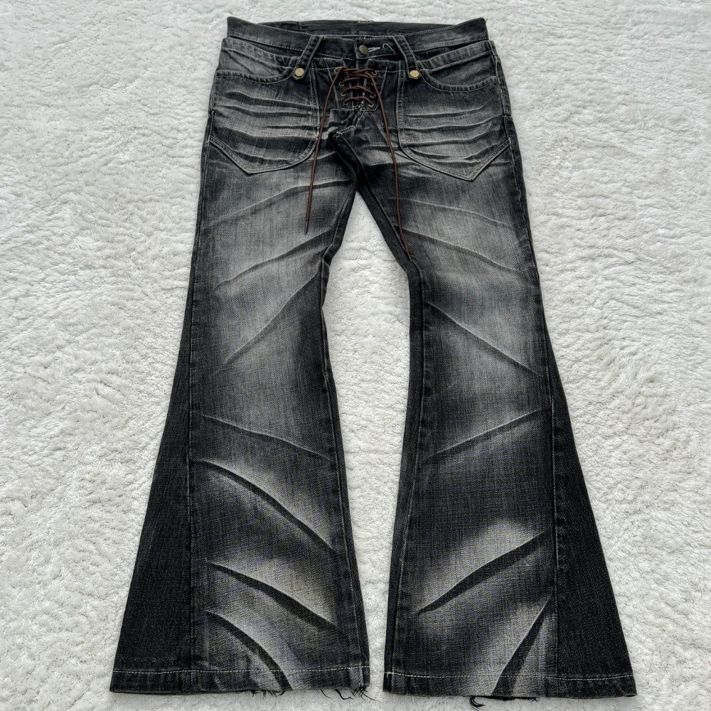 Y2k Slanted Runway Baggy Jeans Retro Kẻ Sọc Chắp Vá Nam Nữ Ống 