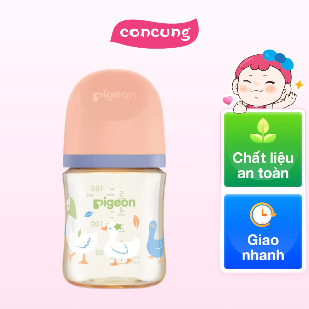Bình sữa Pigeon PPSU chống đầy hơi cổ rộng 160ml, cho bé sơ sinh núm ti siêu mềm chống sặc