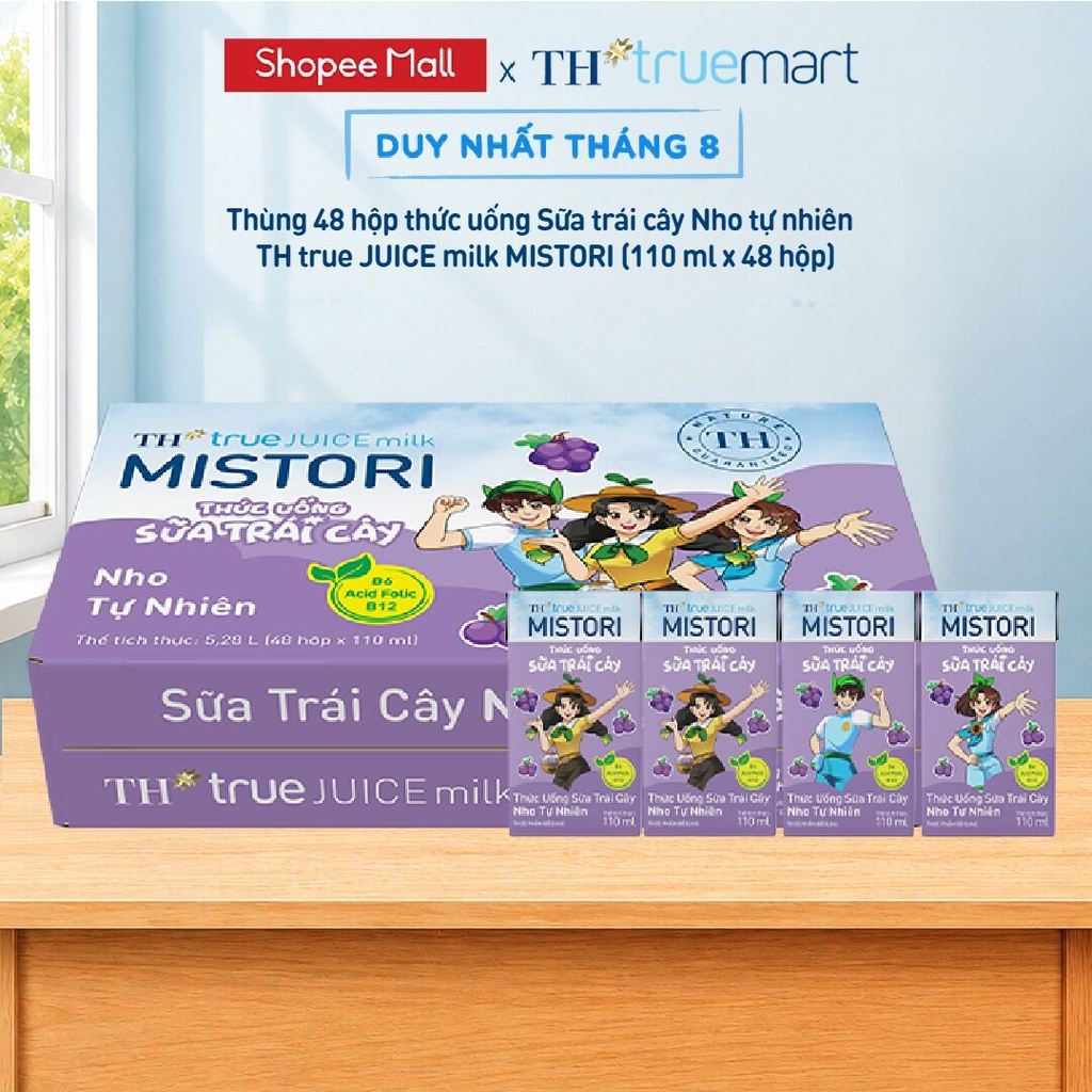 [Livestream] Thùng Thức uống Sữa trái cây TH true JUICE milk MISTORI Nho tự nhiên 110 ml x 48 Hộp