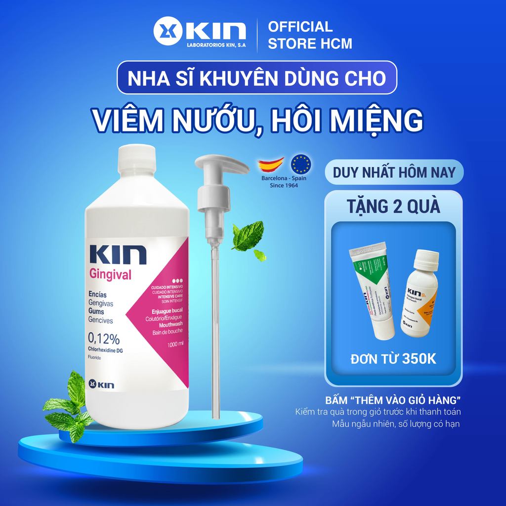 Nước Súc Miệng Kin Gingival Cho Hôi Miệng, Chảy Máu Chân Răng, Viêm Nướu, Không Cồn, Chai Lớn 1 Lít